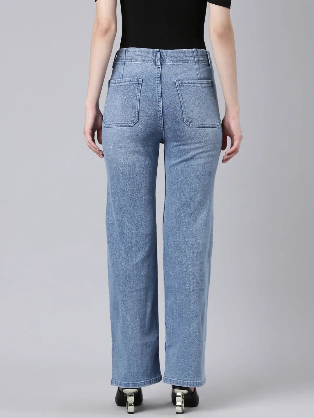Women's Blue Solid Straight Fit Denim Jeans