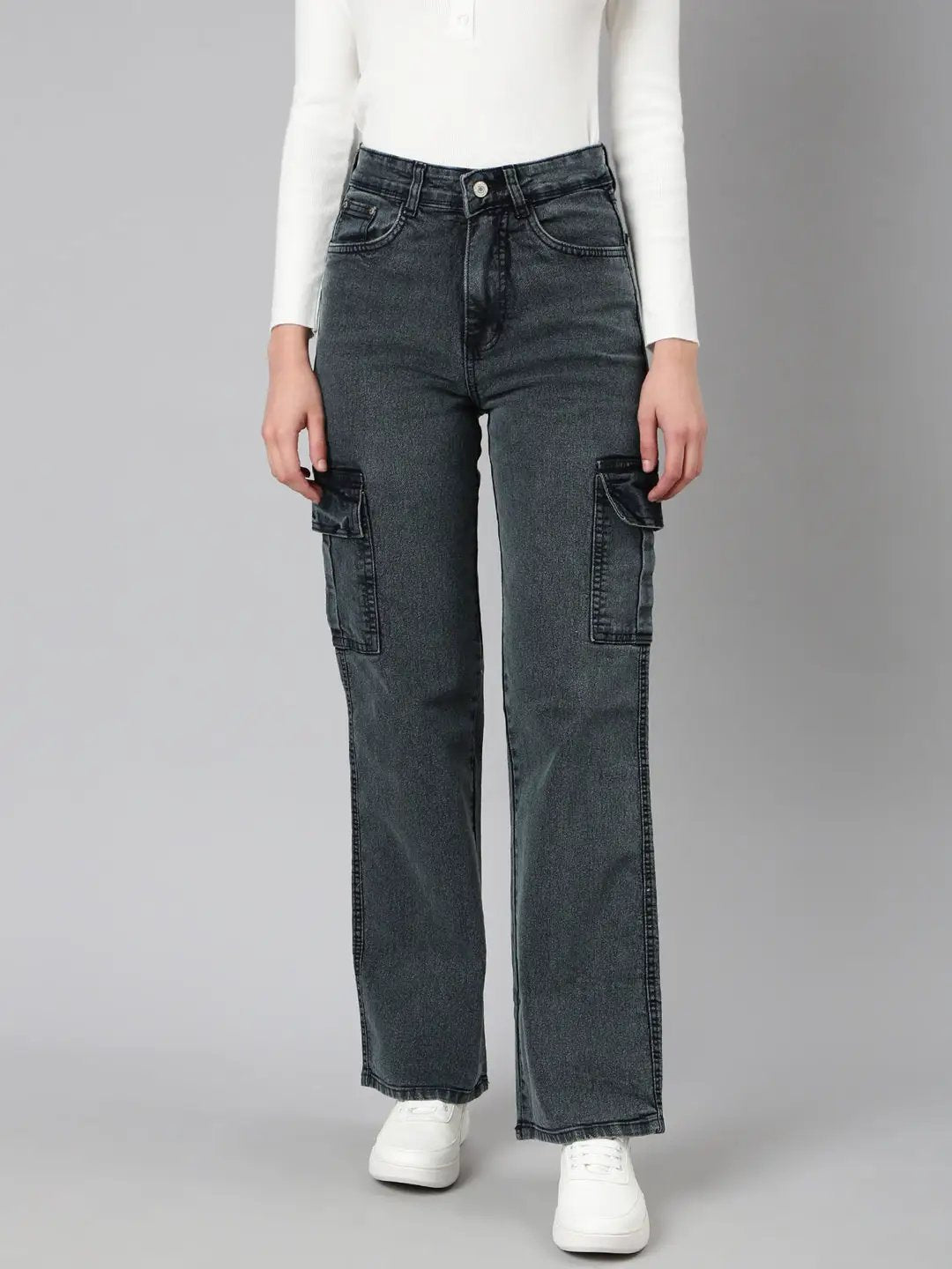 Women's Grey Solid Wide Leg Denim Jeans