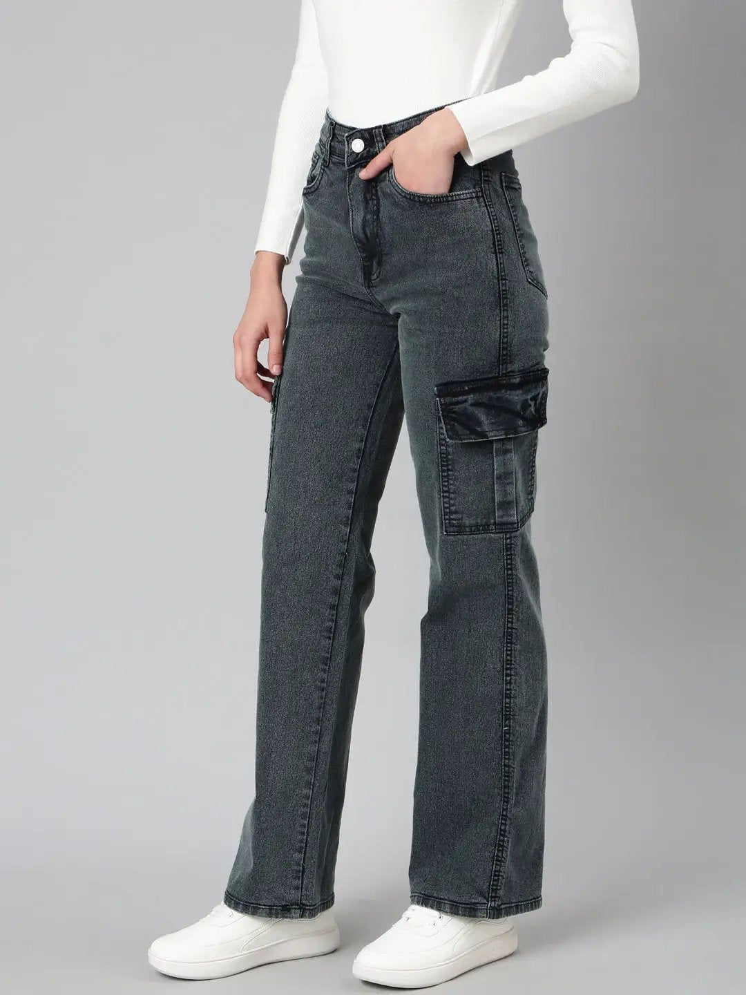 Women's Grey Solid Wide Leg Denim Jeans