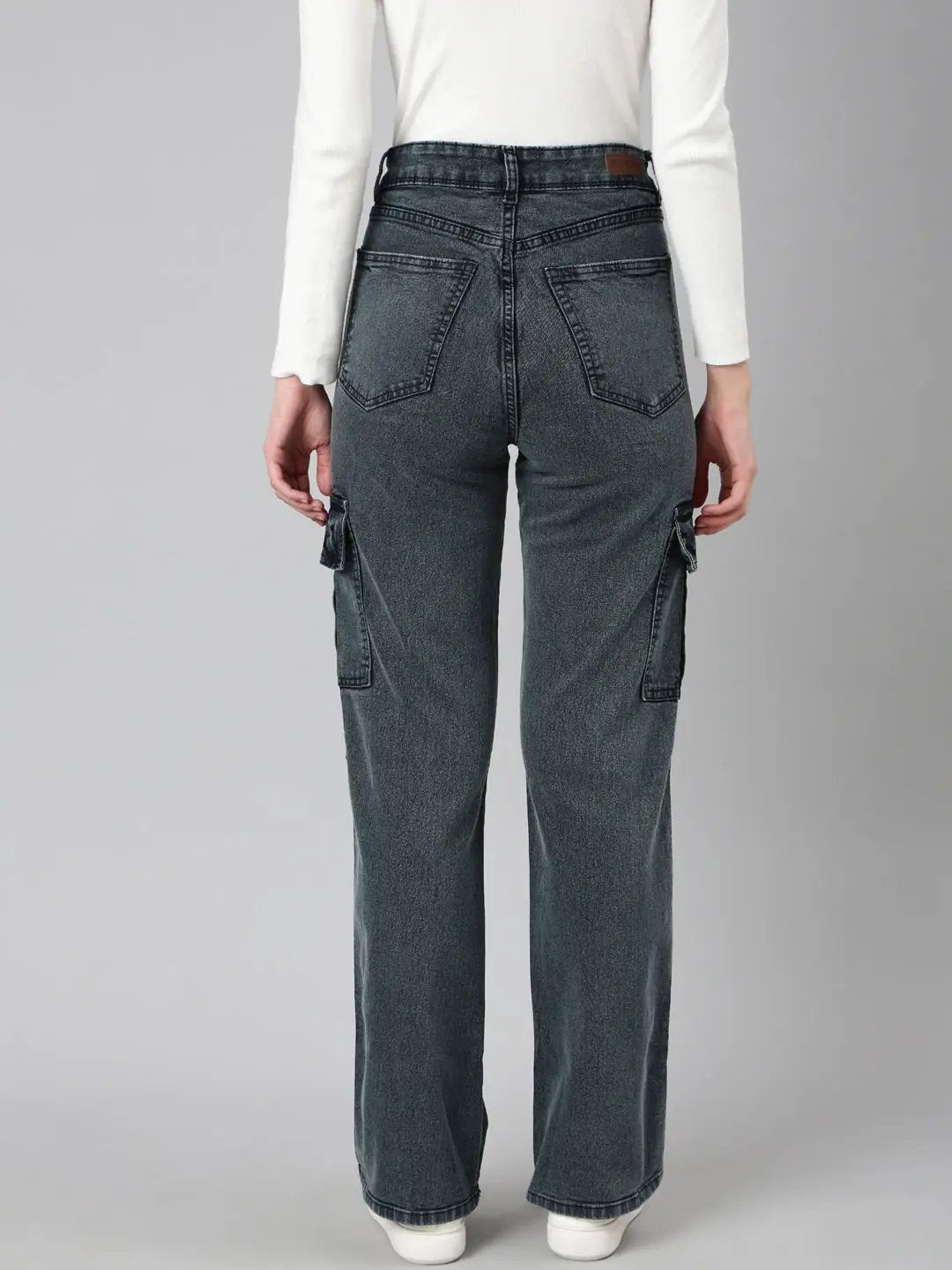 Women's Grey Solid Wide Leg Denim Jeans