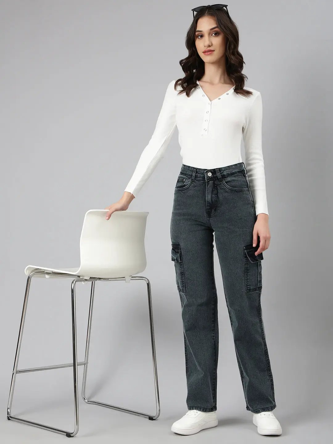 Women's Grey Solid Wide Leg Denim Jeans