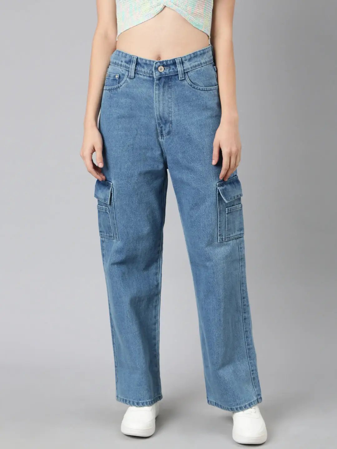 Women's Blue Wide Leg Acid Wash Denim Jeans