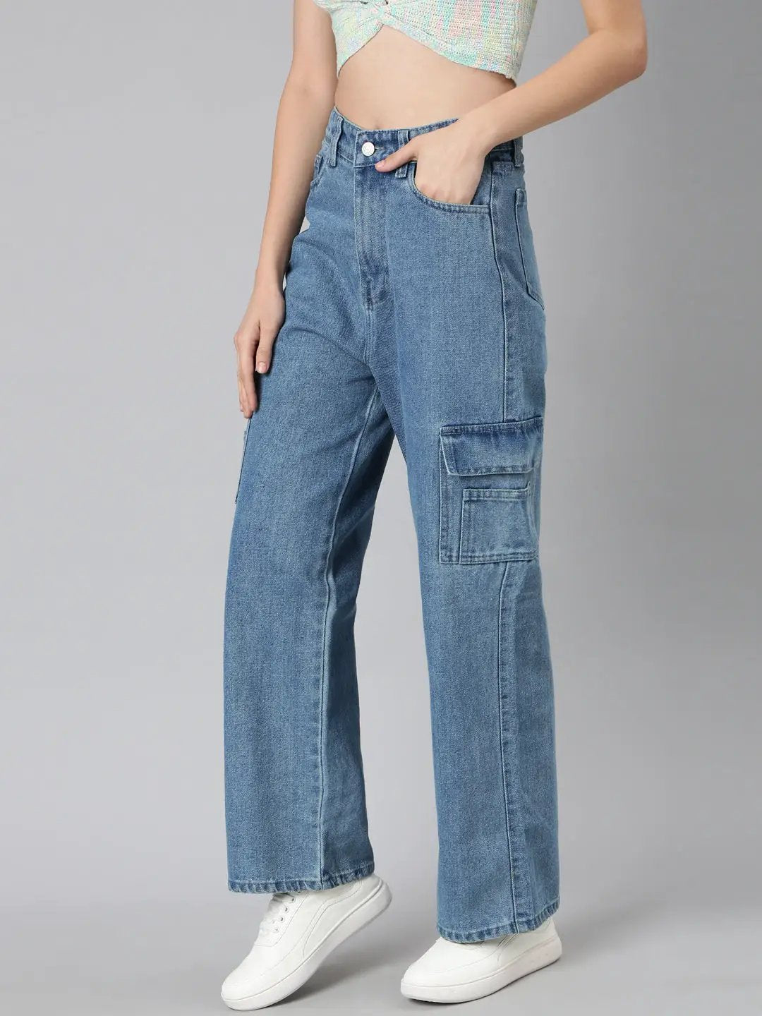 Women's Blue Wide Leg Acid Wash Denim Jeans