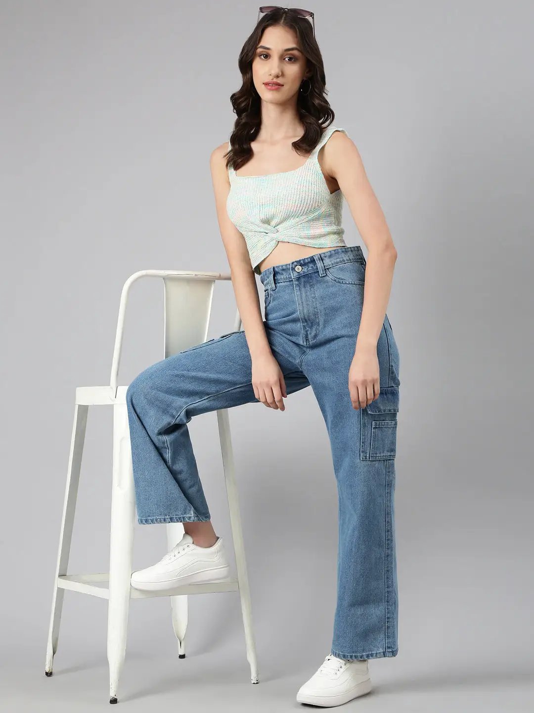 Women's Blue Wide Leg Acid Wash Denim Jeans
