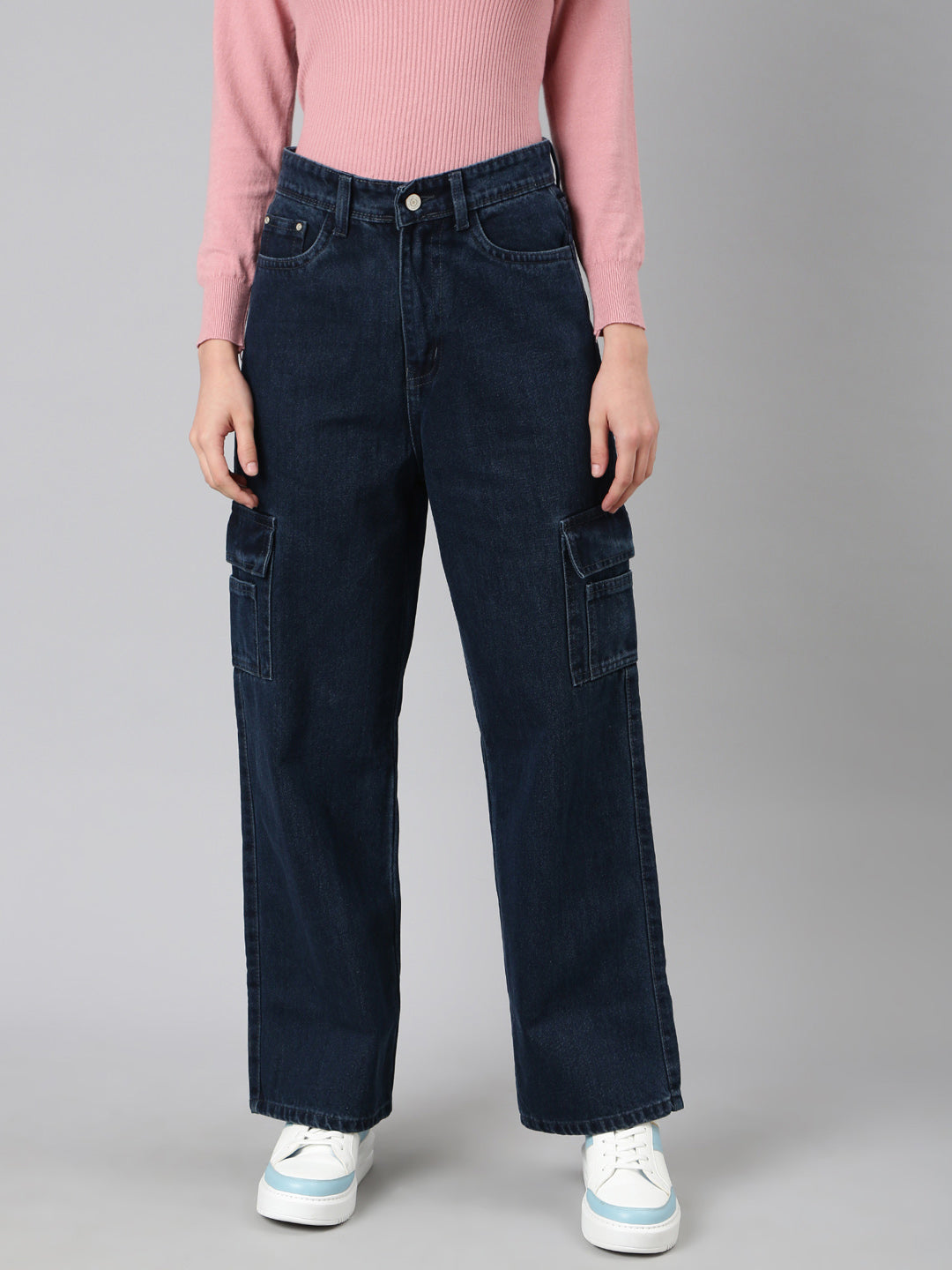 Women's Navy Blue Wide Leg Acid Wash Denim Cargo Jeans