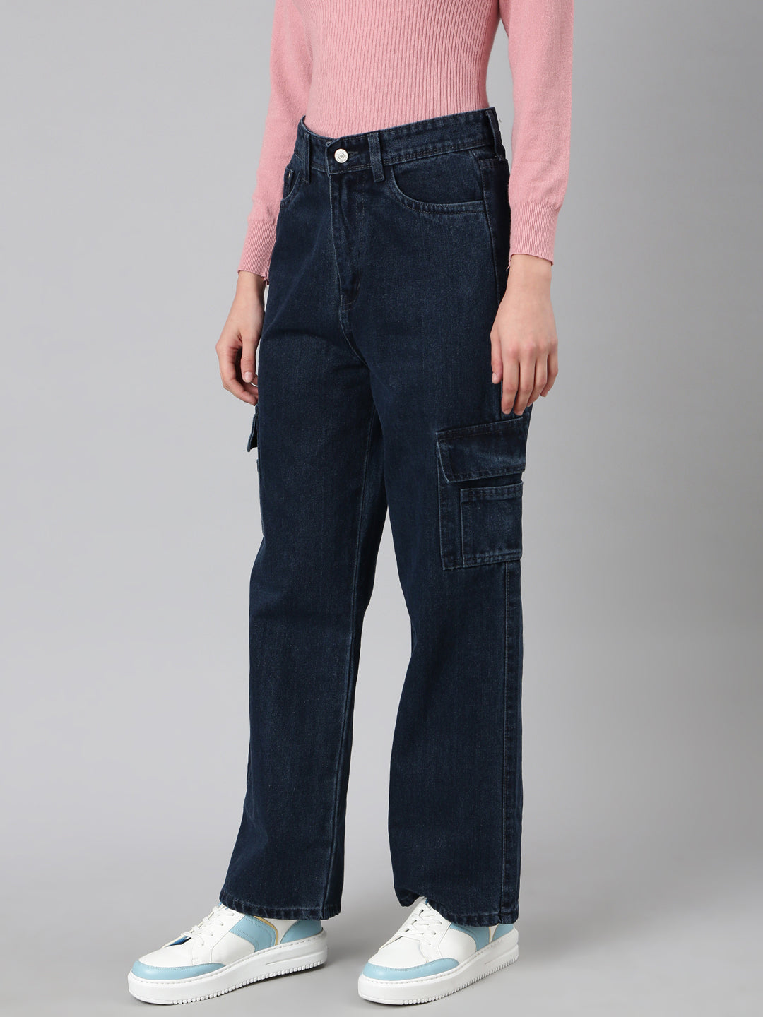 Women's Navy Blue Wide Leg Acid Wash Denim Cargo Jeans