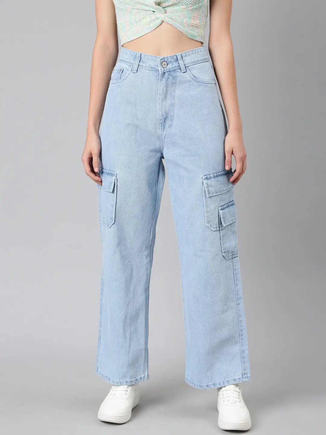 Women's Blue Solid Wide Leg Denim Jeans