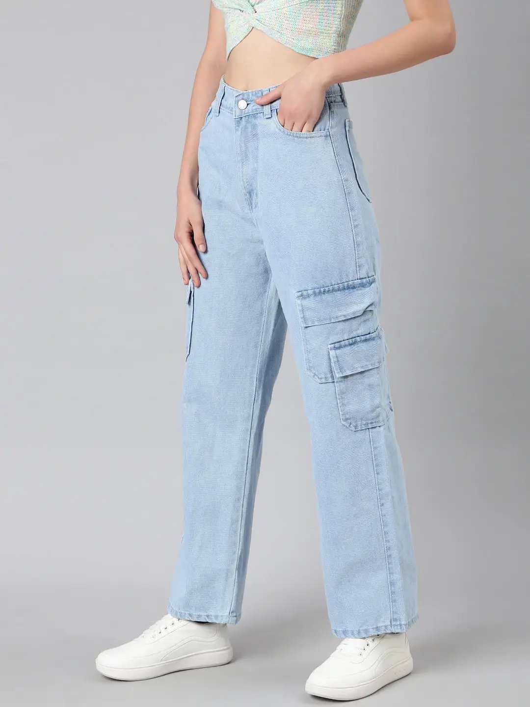 Women's Blue Solid Wide Leg Denim Jeans