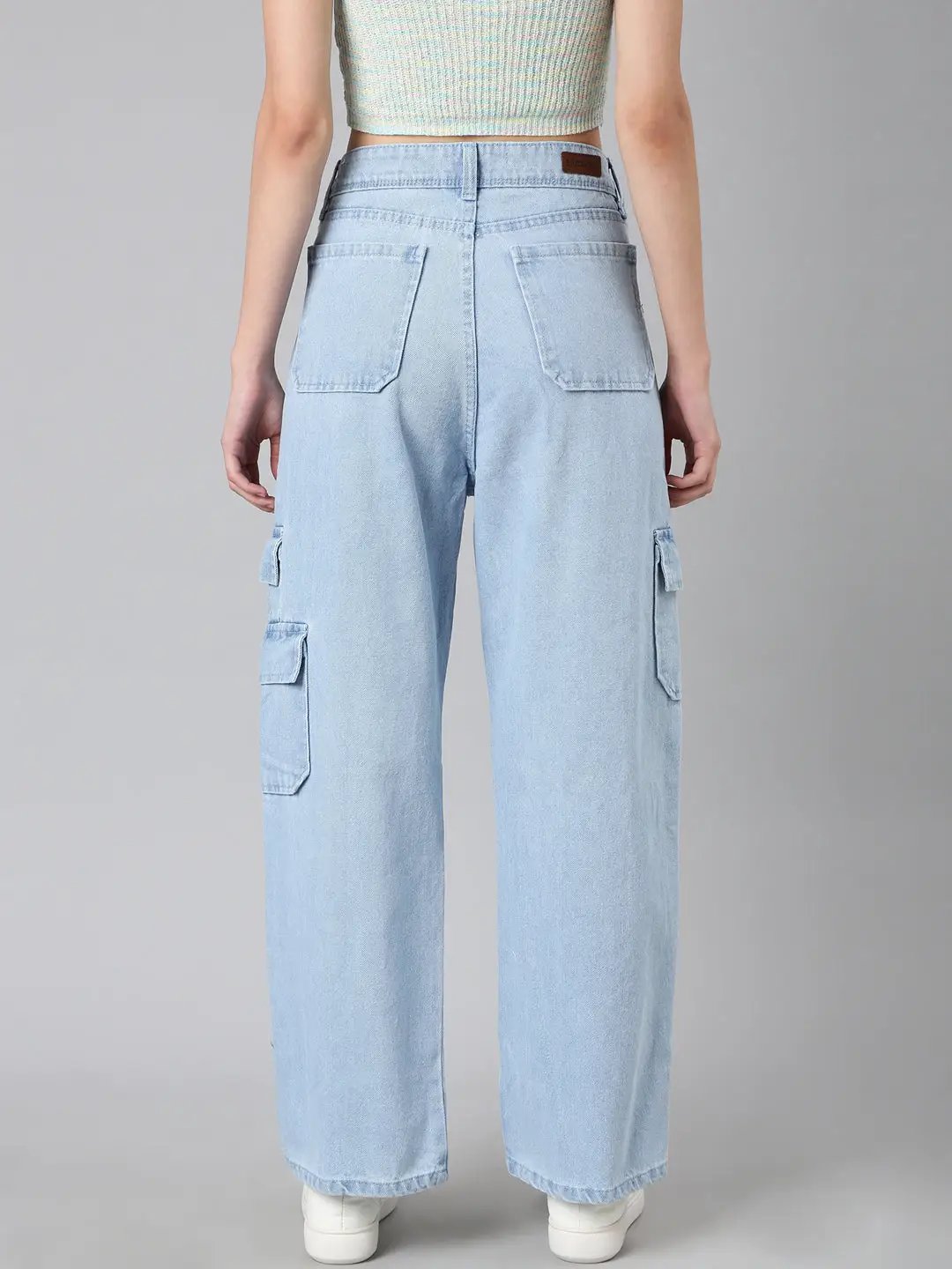 Women's Blue Solid Wide Leg Denim Jeans