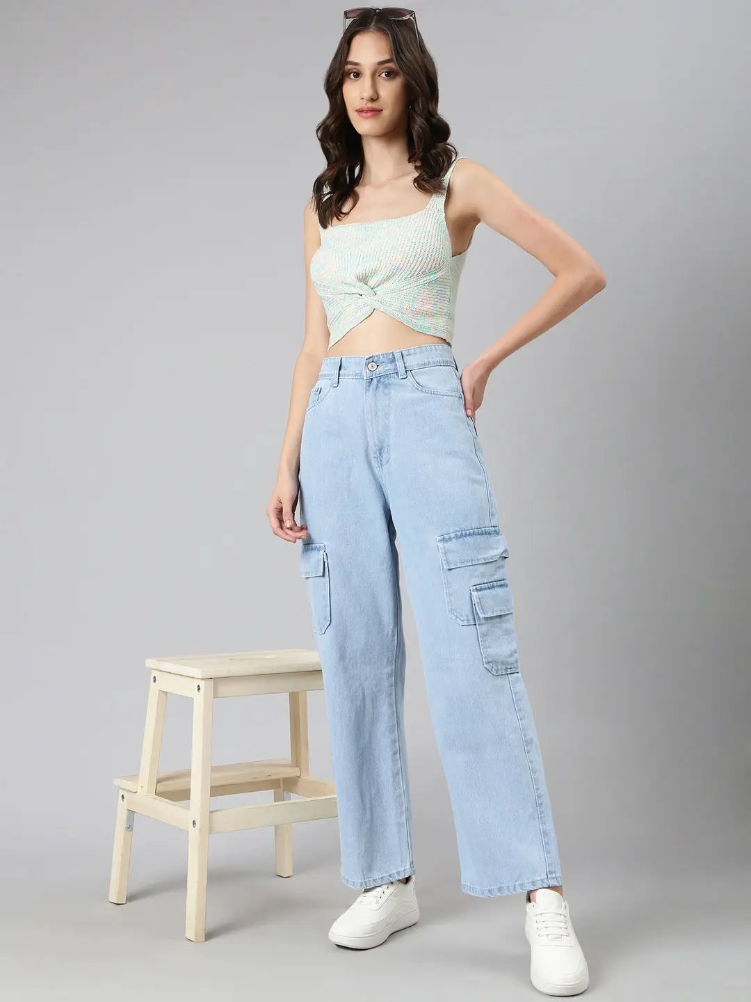 Women's Blue Solid Wide Leg Denim Jeans