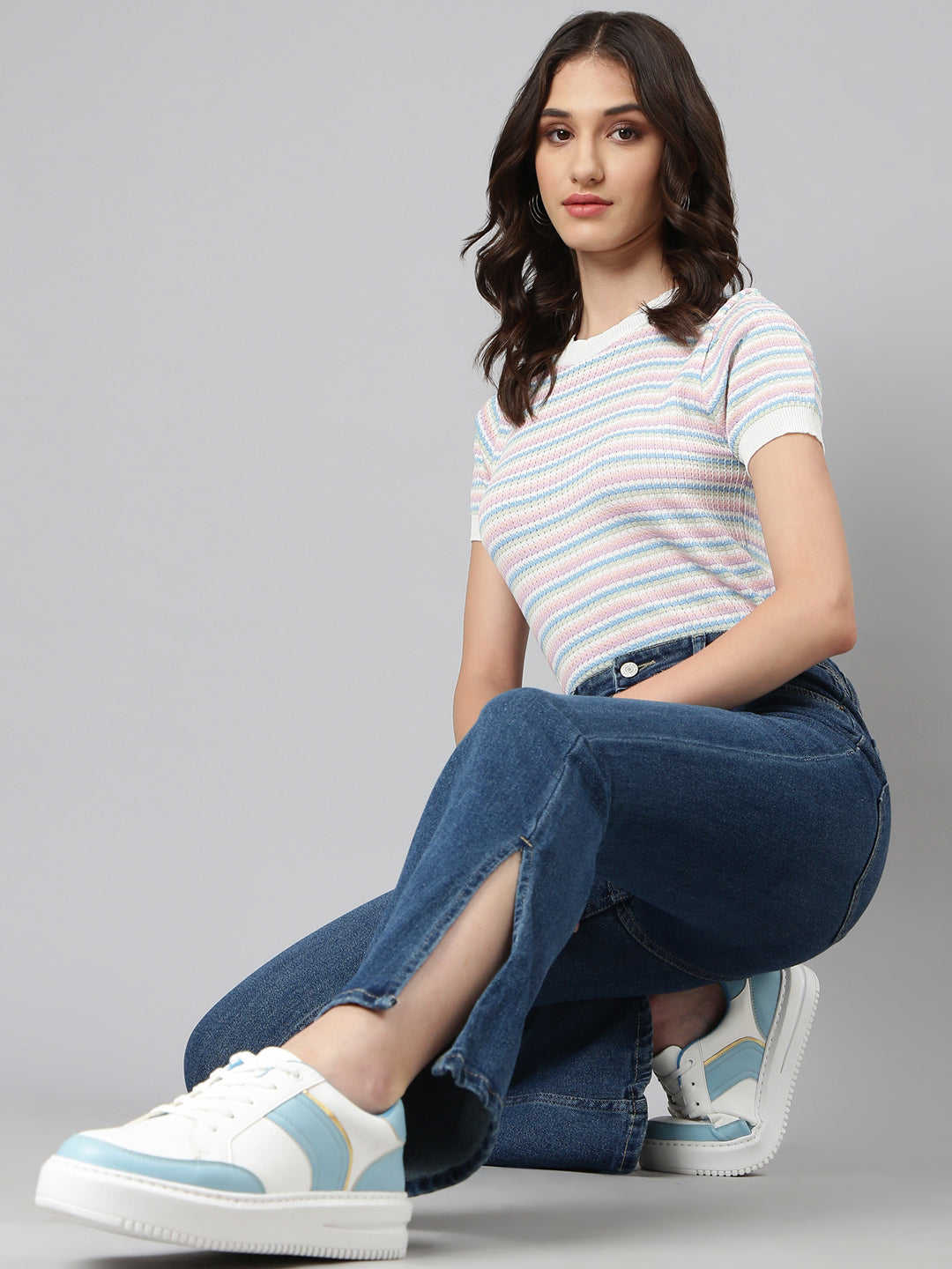 Women's Navy Blue Bootcut Fit Acid Wash Stretchable Denim Jeans