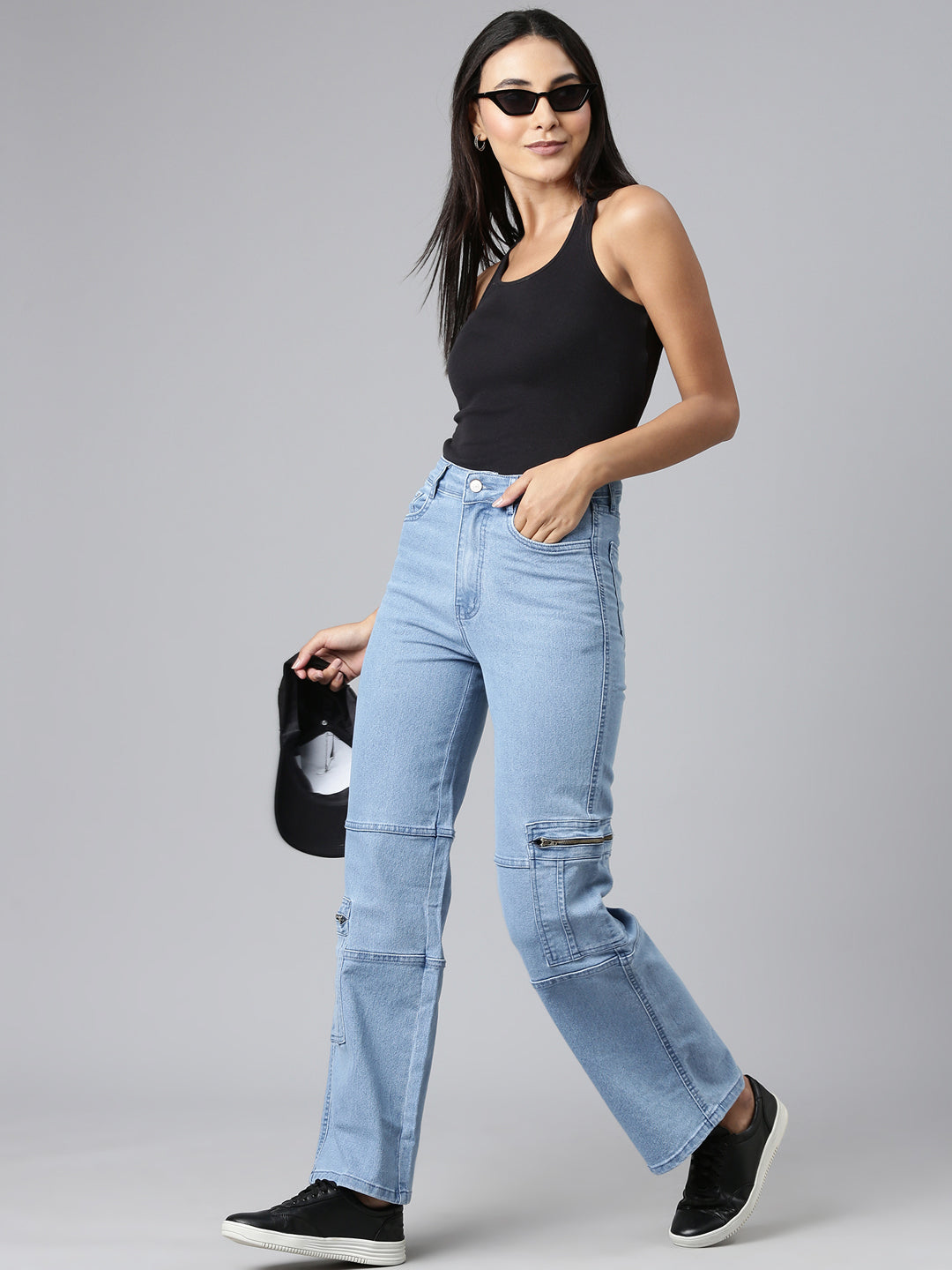 Women's Blue Straight Fit Light Fade Cargo Denim Jeans