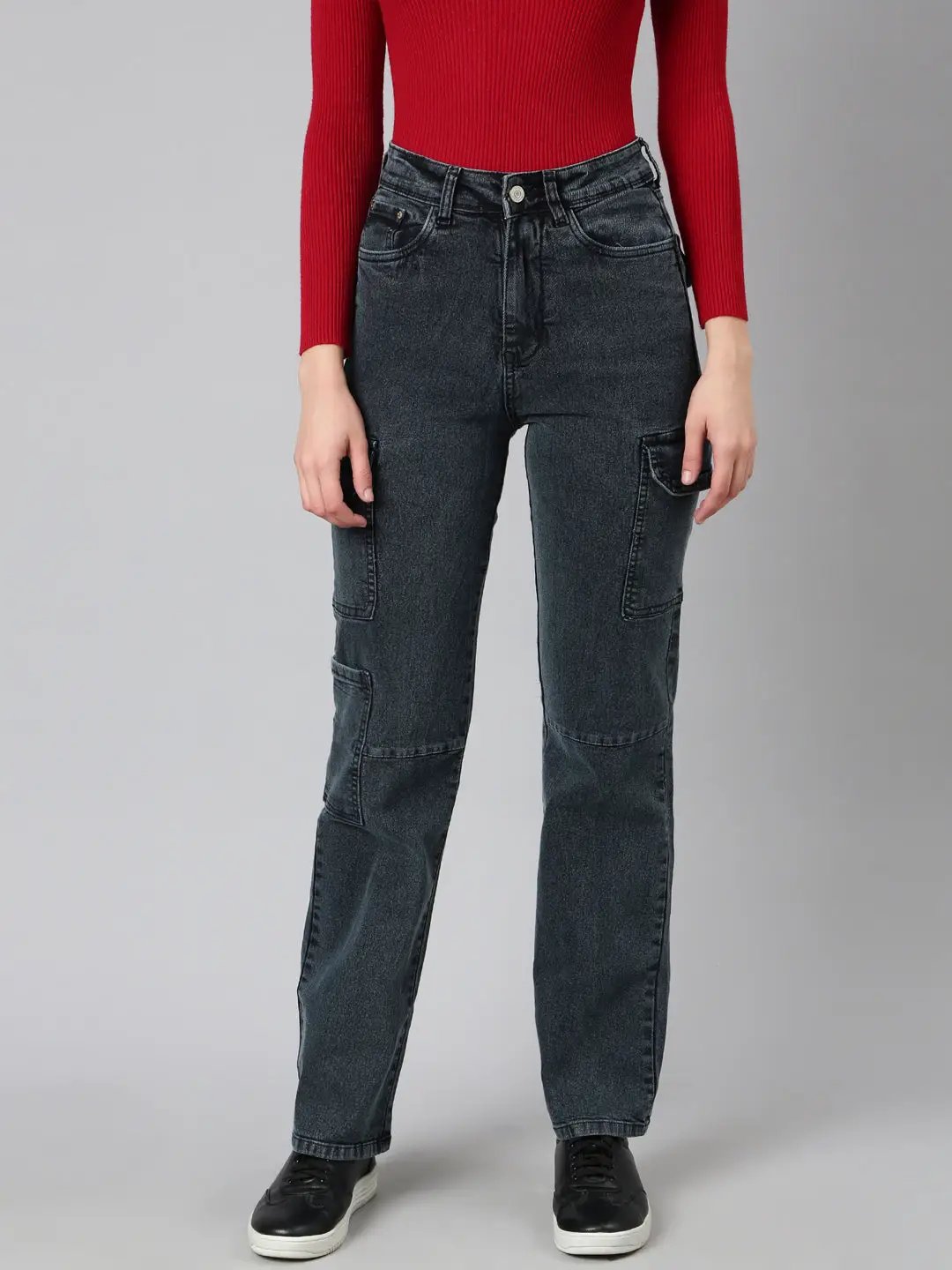 Women's Grey Wide Leg Cargo Denim Jeans