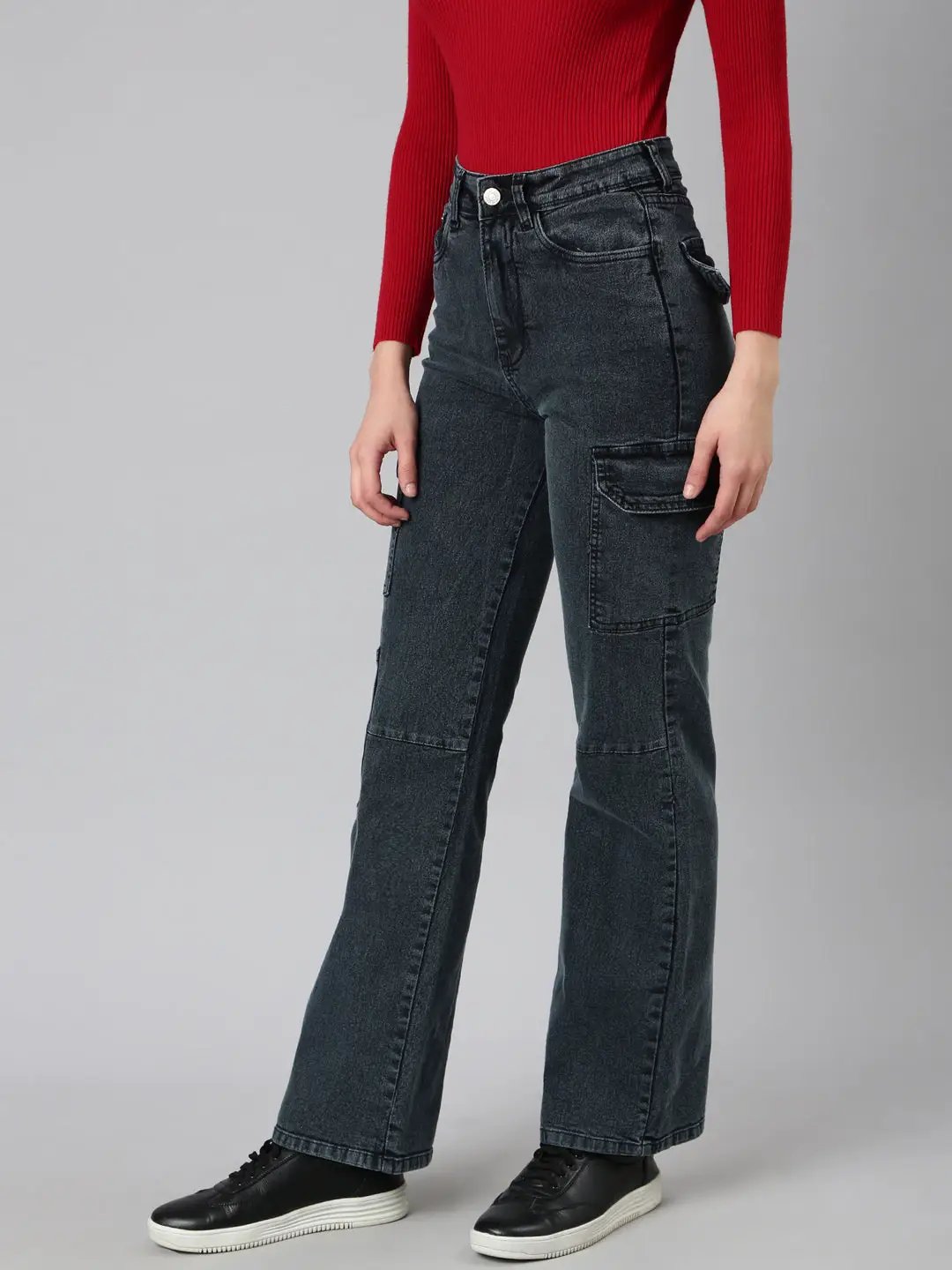 Women's Grey Wide Leg Cargo Denim Jeans