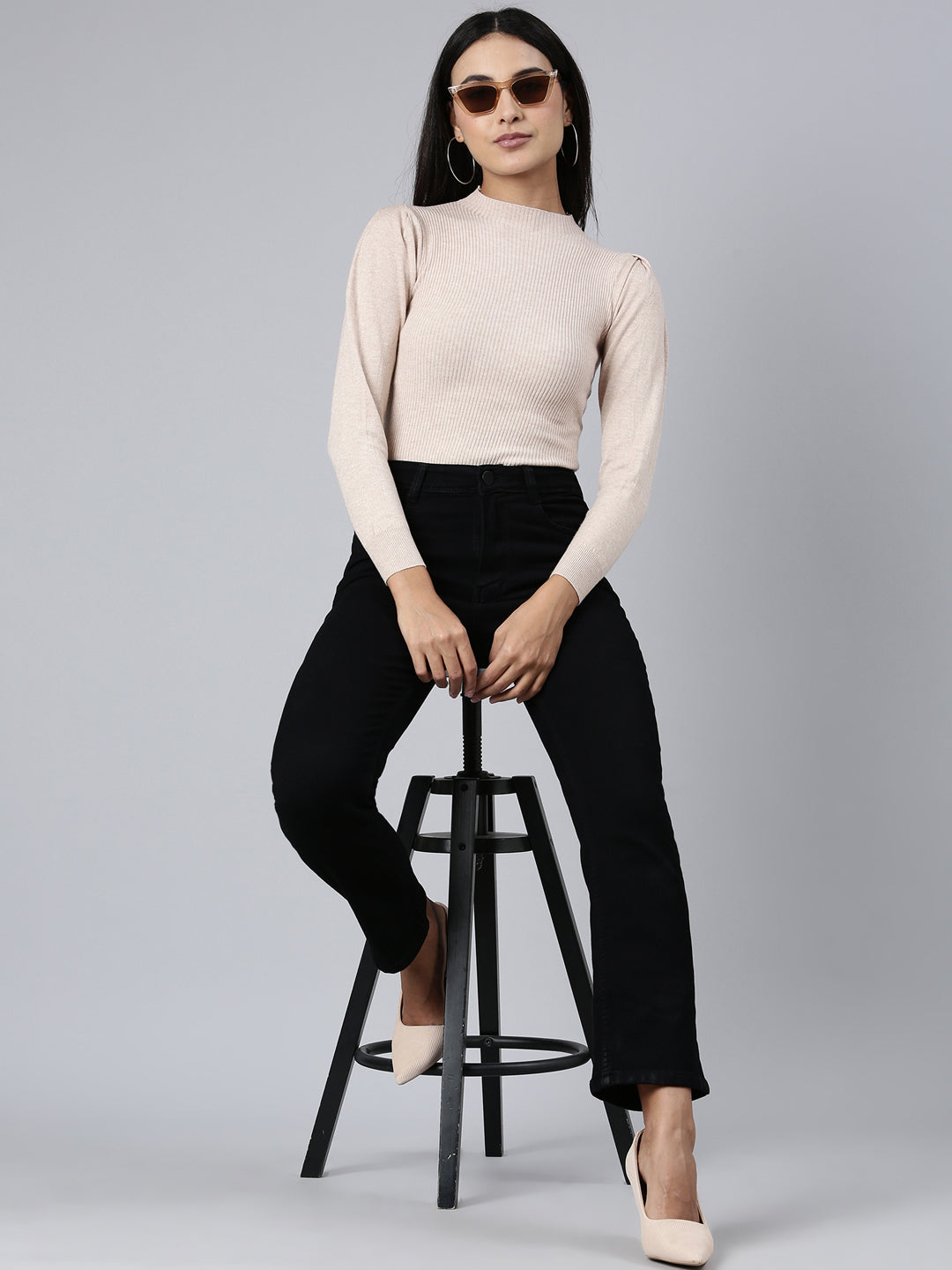 Women's Black Straight Fit Acid Wash Stretchable Denim Jeans