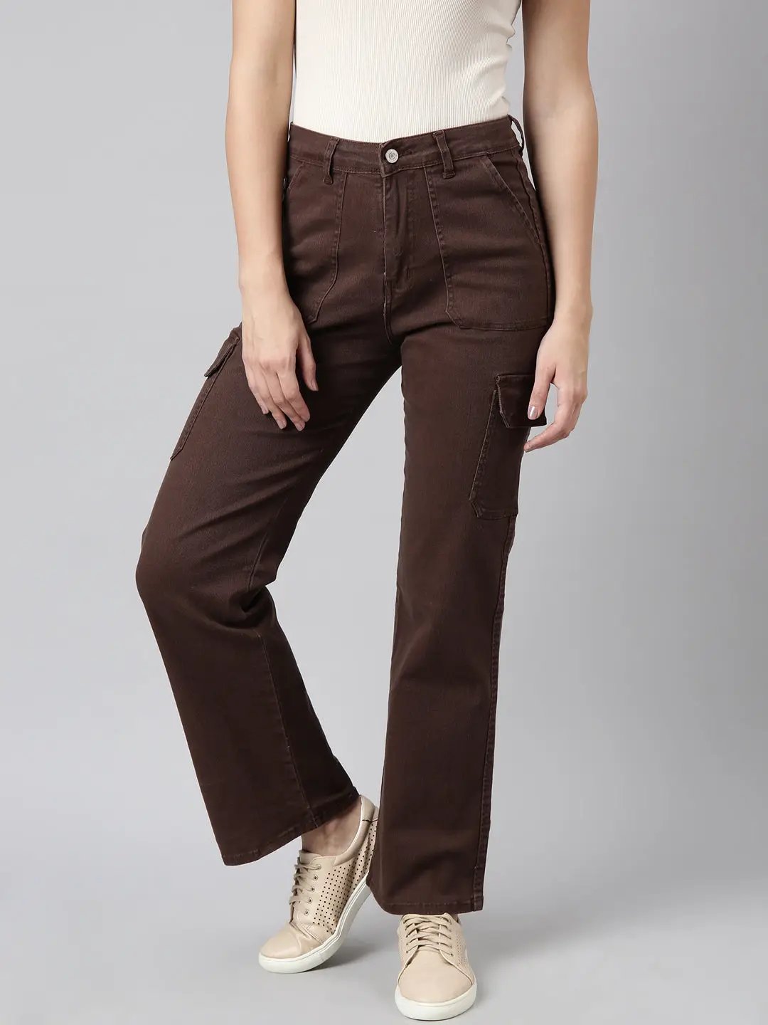 Women's Brown Straight Fit Highly Distressed Cargo Jeans