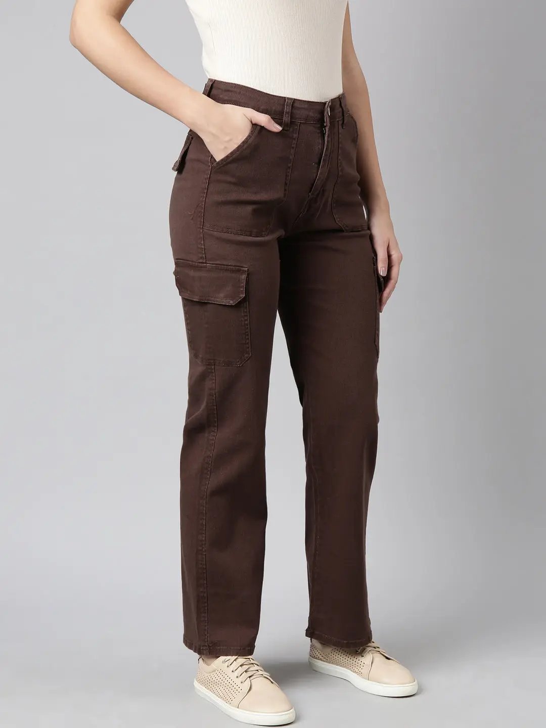 Women's Brown Straight Fit Highly Distressed Cargo Jeans