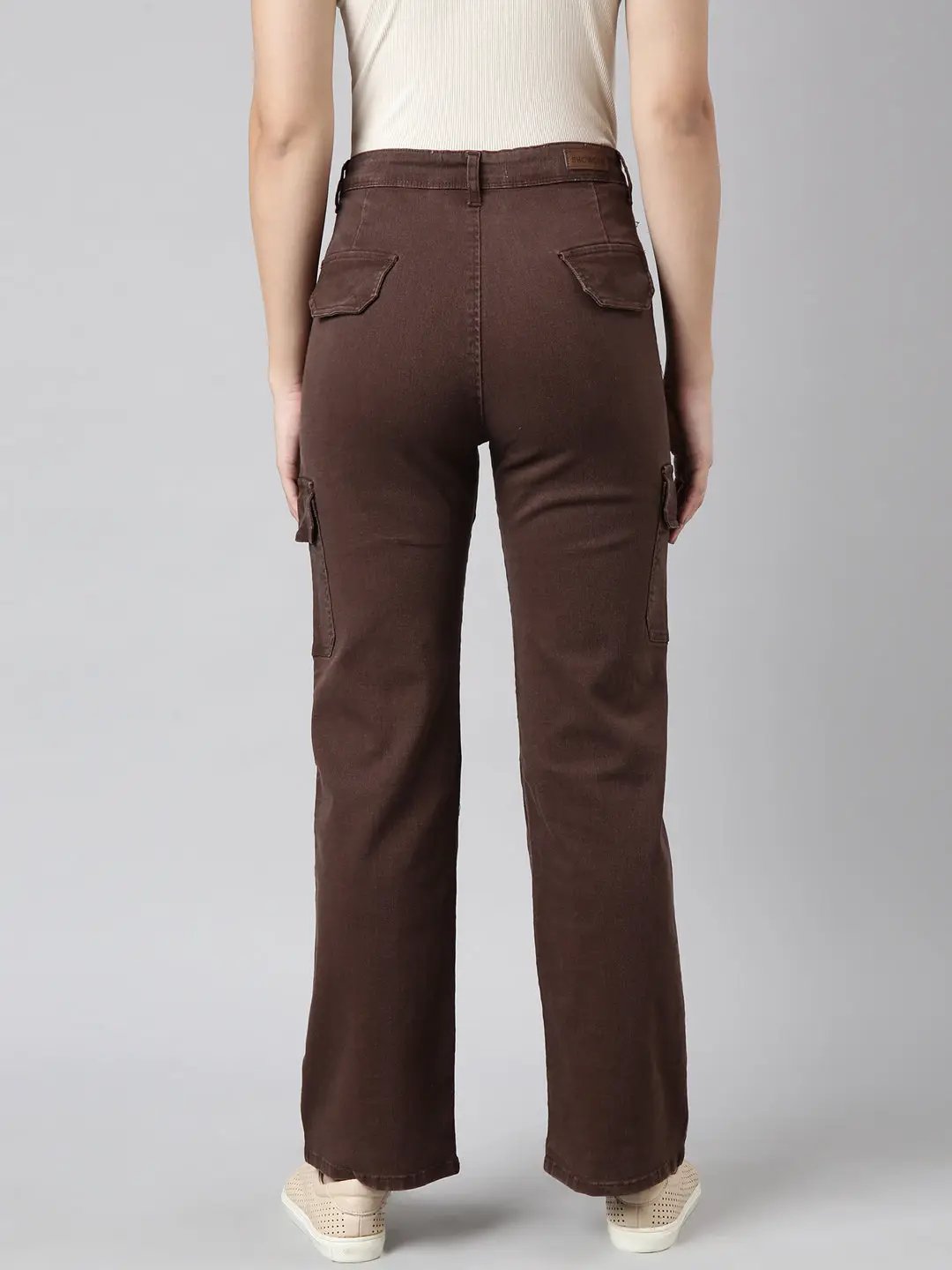 Women's Brown Straight Fit Highly Distressed Cargo Jeans
