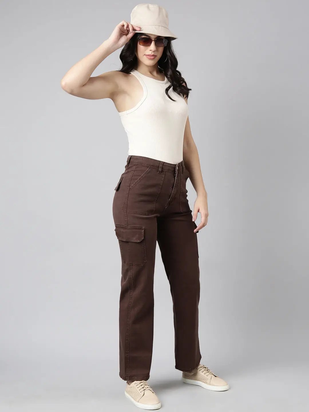 Women's Brown Straight Fit Highly Distressed Cargo Jeans