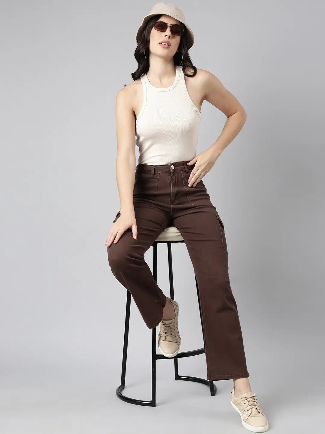 Women's Brown Straight Fit Highly Distressed Cargo Jeans
