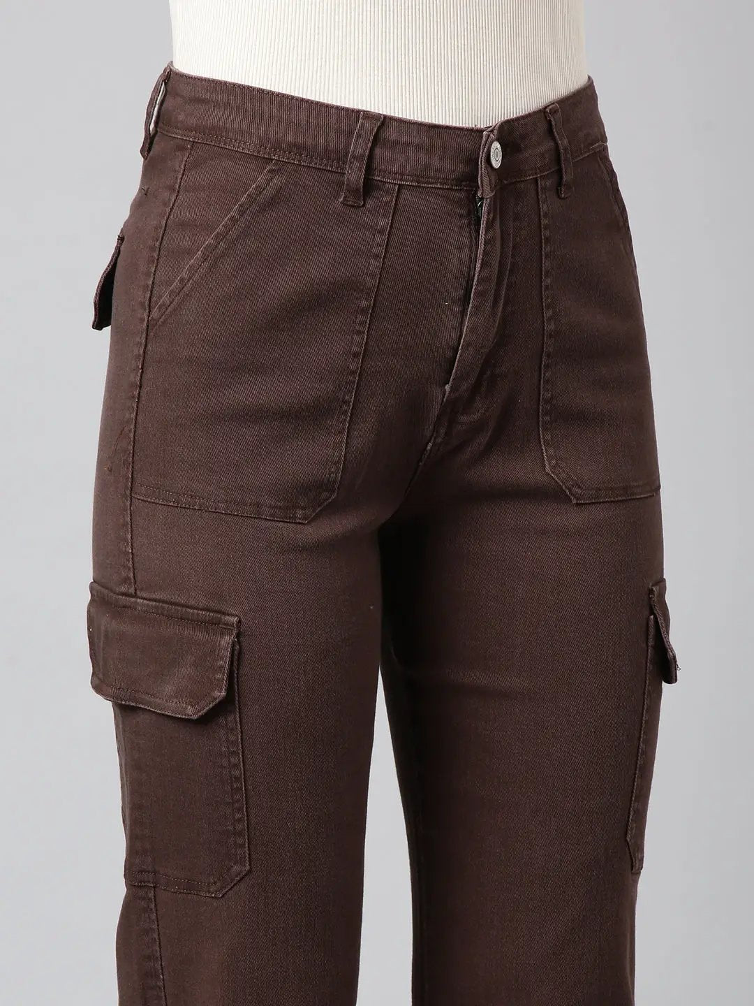 Women's Brown Straight Fit Highly Distressed Cargo Jeans