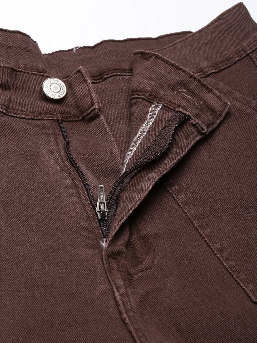 Women's Brown Straight Fit Highly Distressed Cargo Jeans