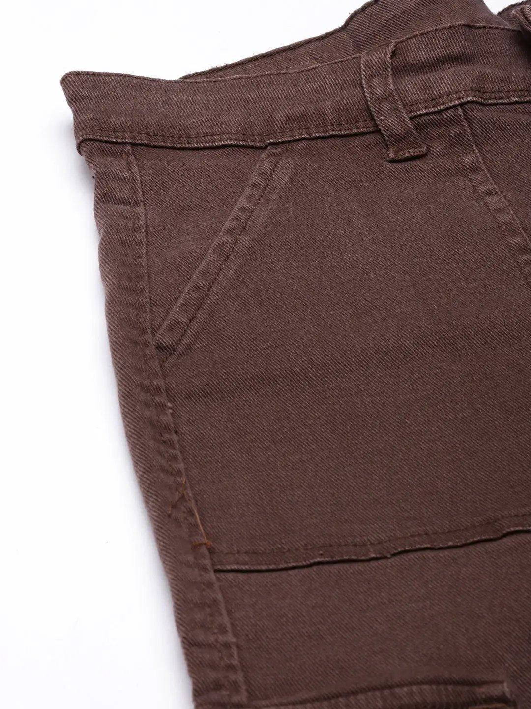 Women's Brown Straight Fit Highly Distressed Cargo Jeans