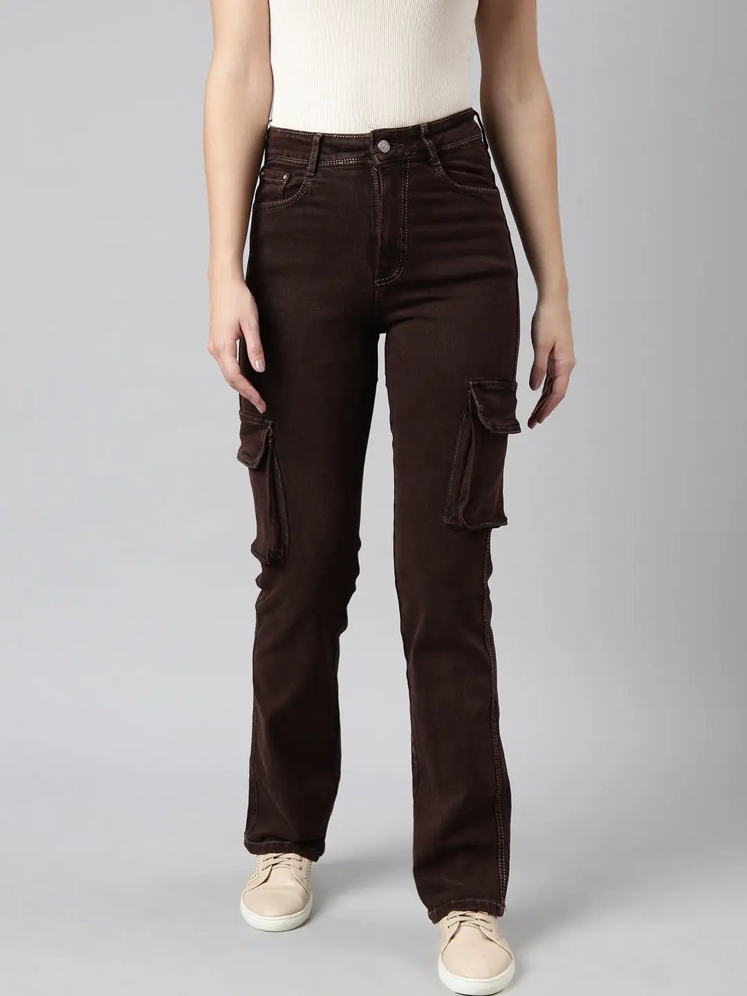 Women's Straight Fit Denim Brown Cargo Jean