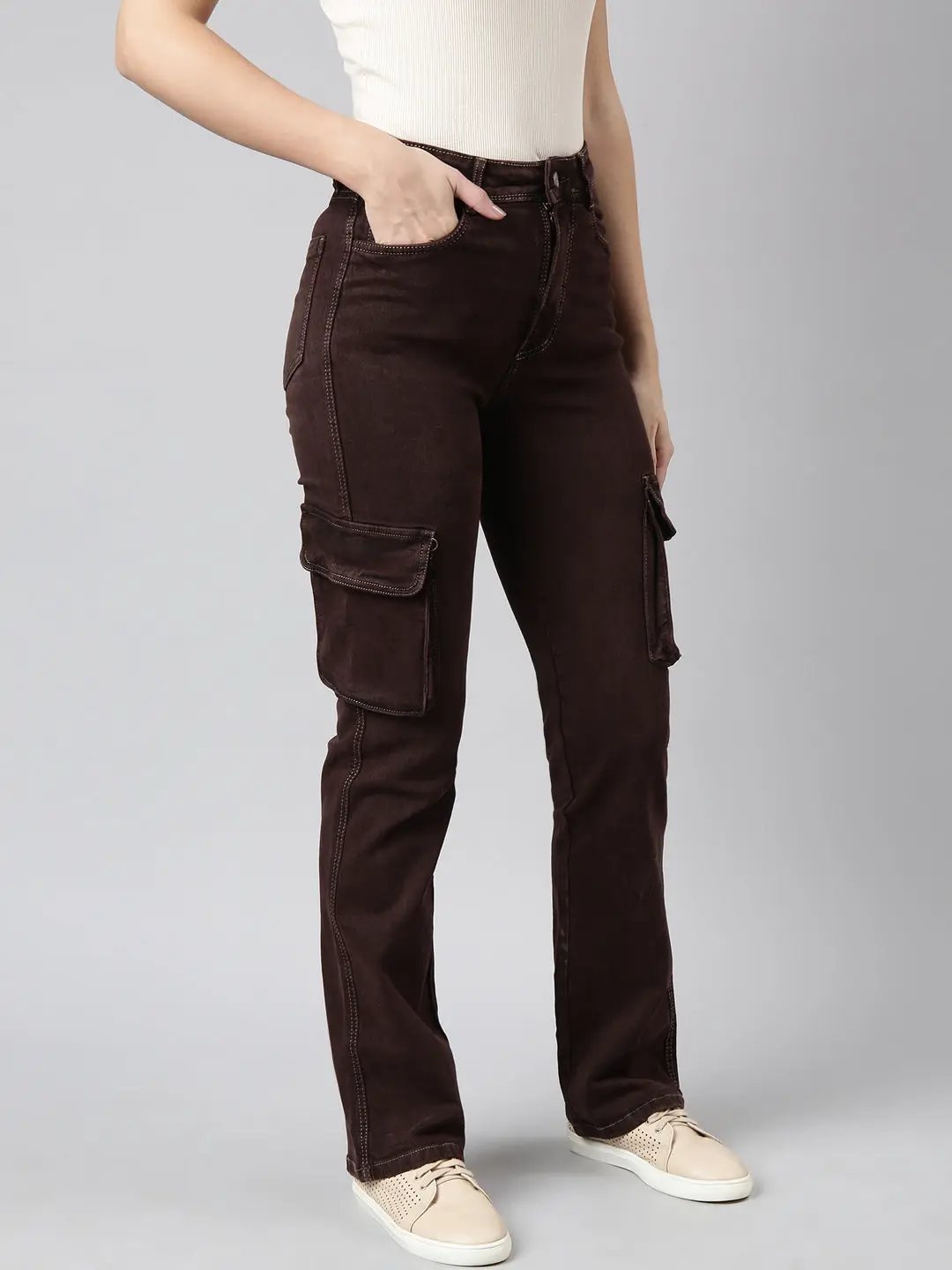 Women's Straight Fit Denim Brown Cargo Jean