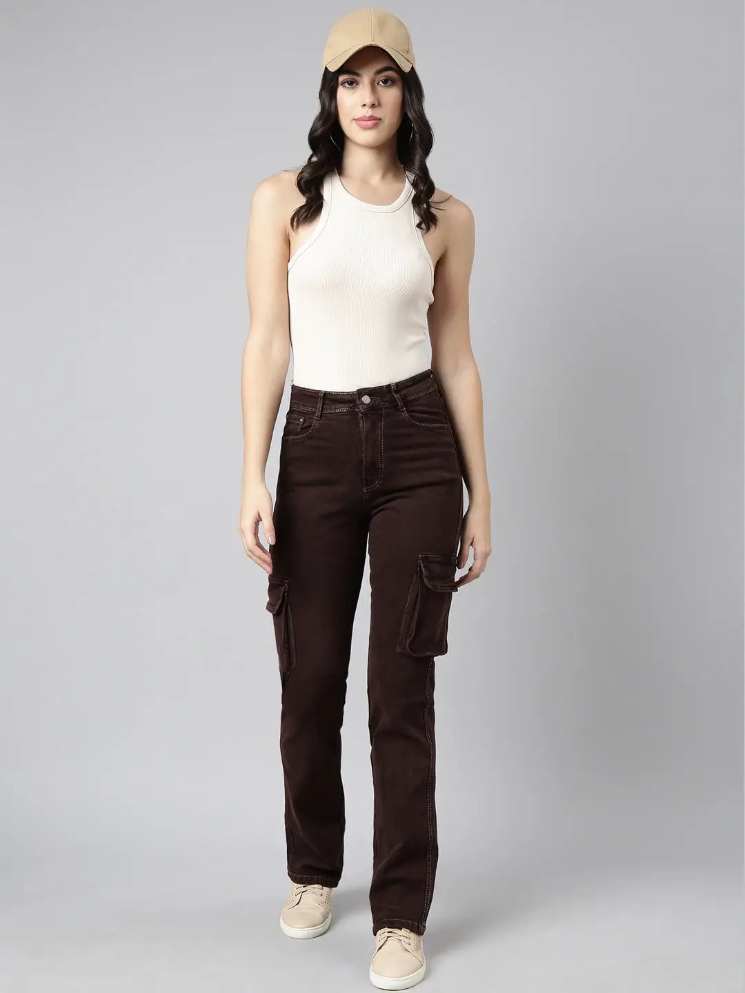 Women's Straight Fit Denim Brown Cargo Jean