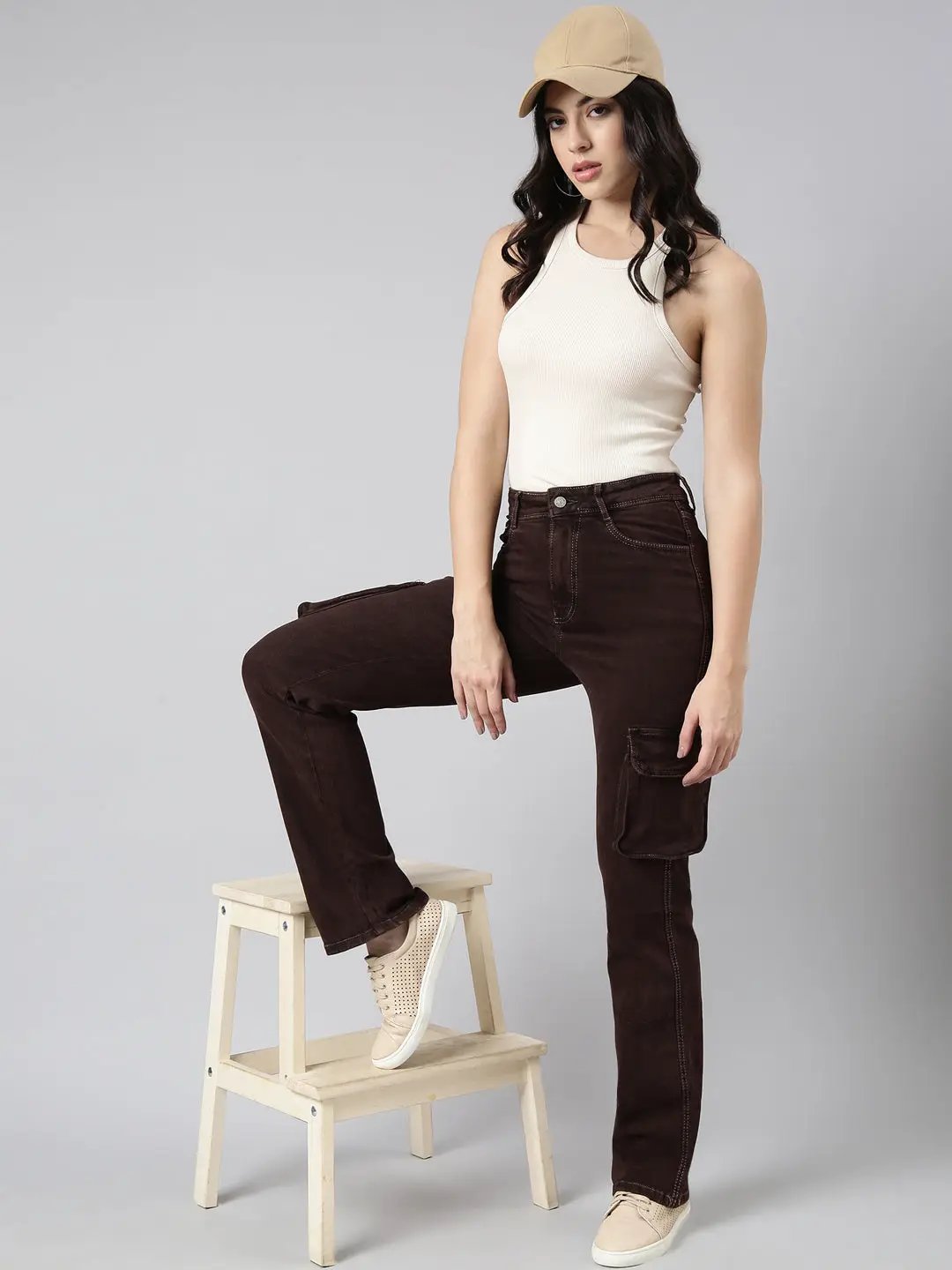 Women's Straight Fit Denim Brown Cargo Jean