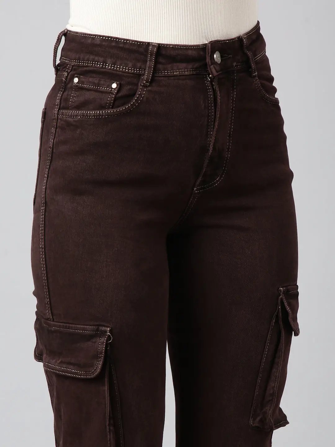 Women's Straight Fit Denim Brown Cargo Jean