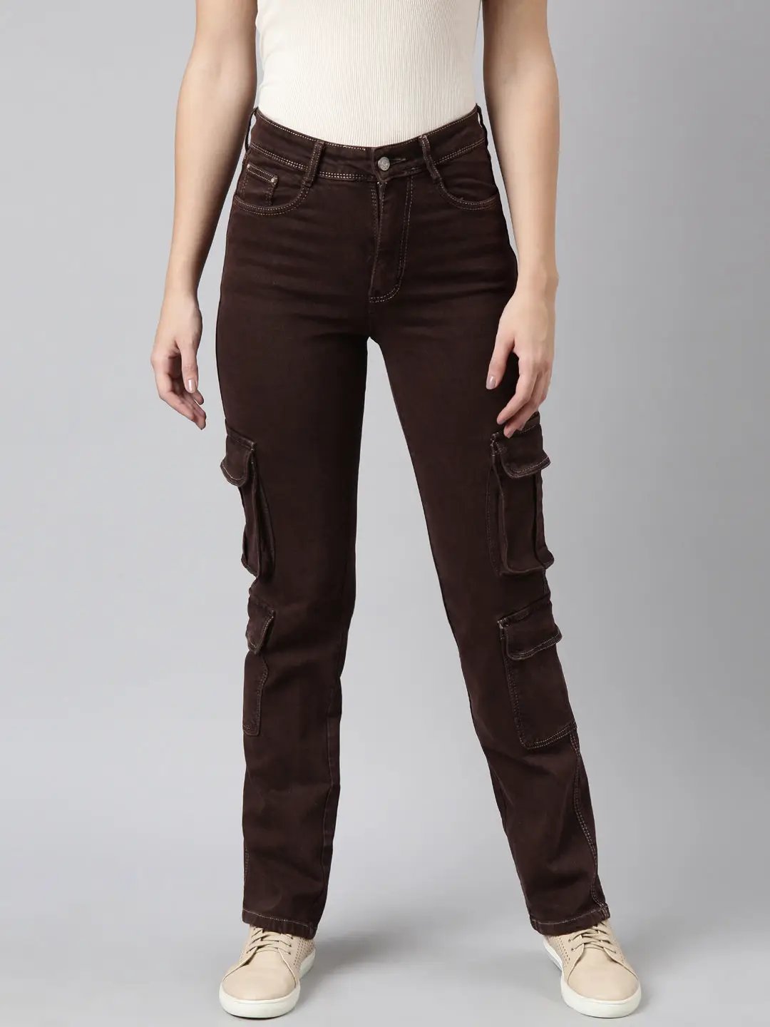 Women's Straight Fit Denim Brown Cargo Jean