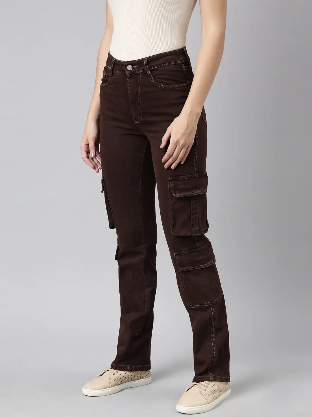 Women's Straight Fit Denim Brown Cargo Jean