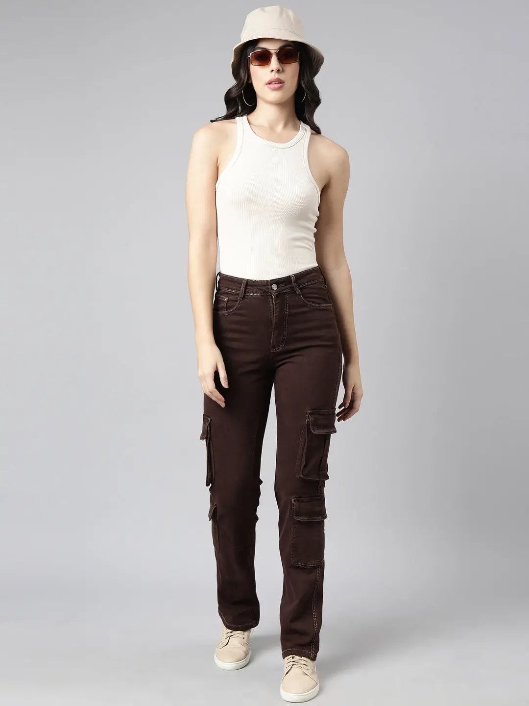Women's Straight Fit Denim Brown Cargo Jean