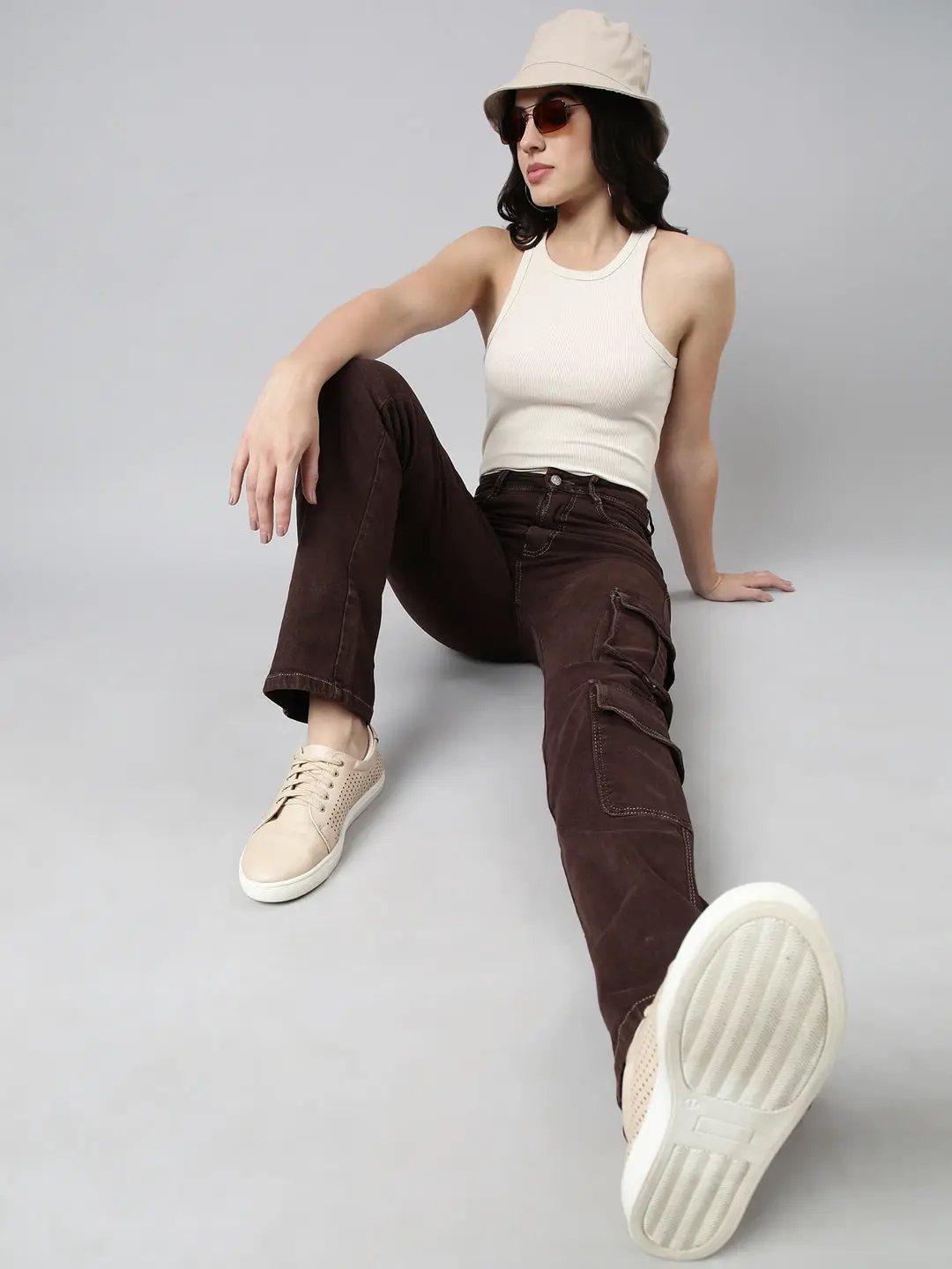 Women's Straight Fit Denim Brown Cargo Jean