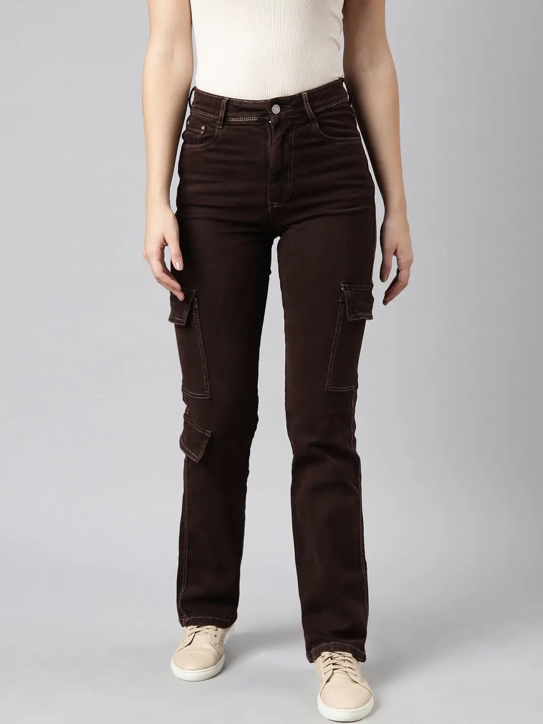Women's Straight Fit Denim Brown Cargo Jean