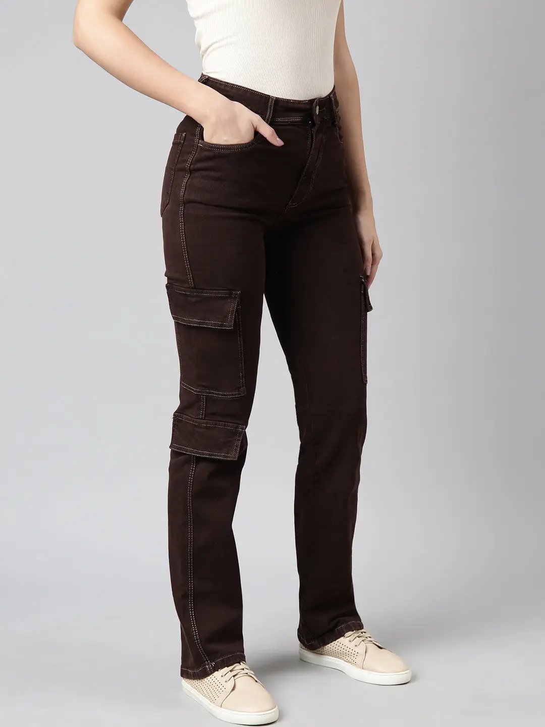 Women's Straight Fit Denim Brown Cargo Jean