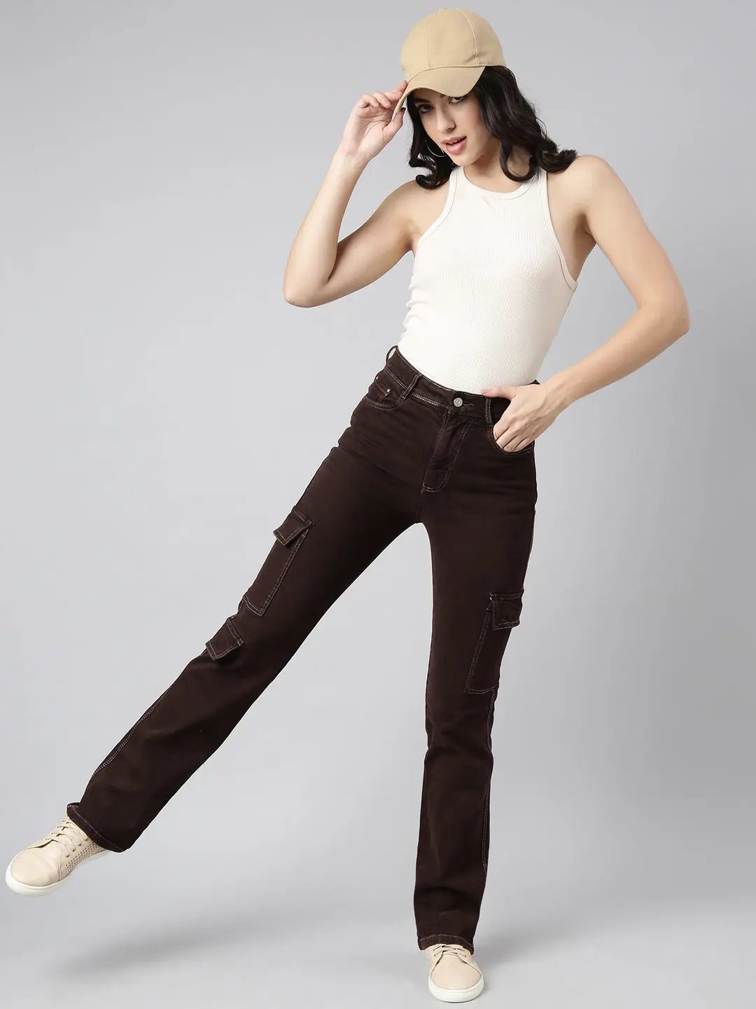 Women's Straight Fit Denim Brown Cargo Jean