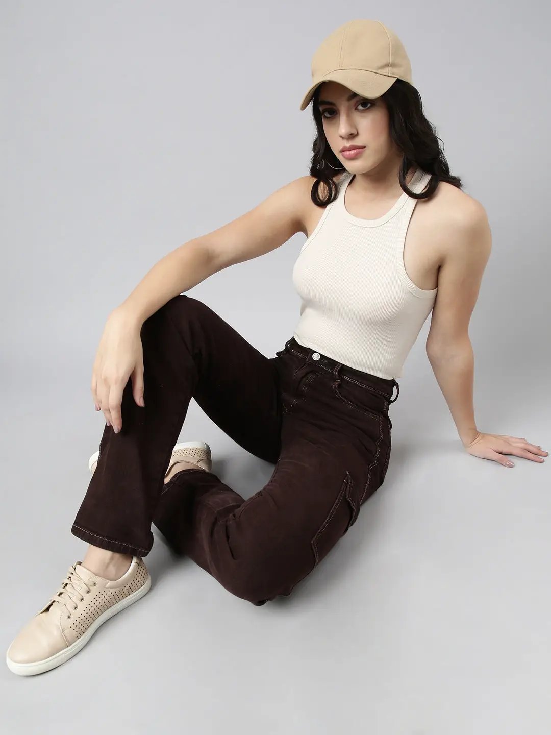 Women's Straight Fit Denim Brown Cargo Jean