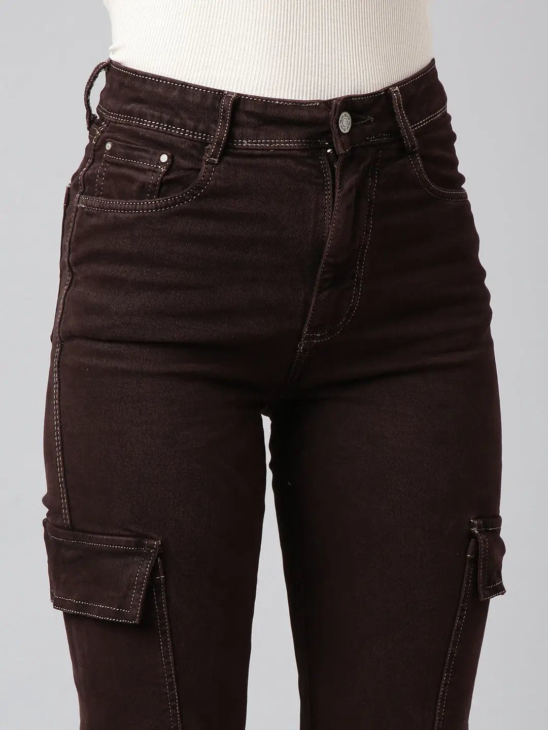 Women's Straight Fit Denim Brown Cargo Jean