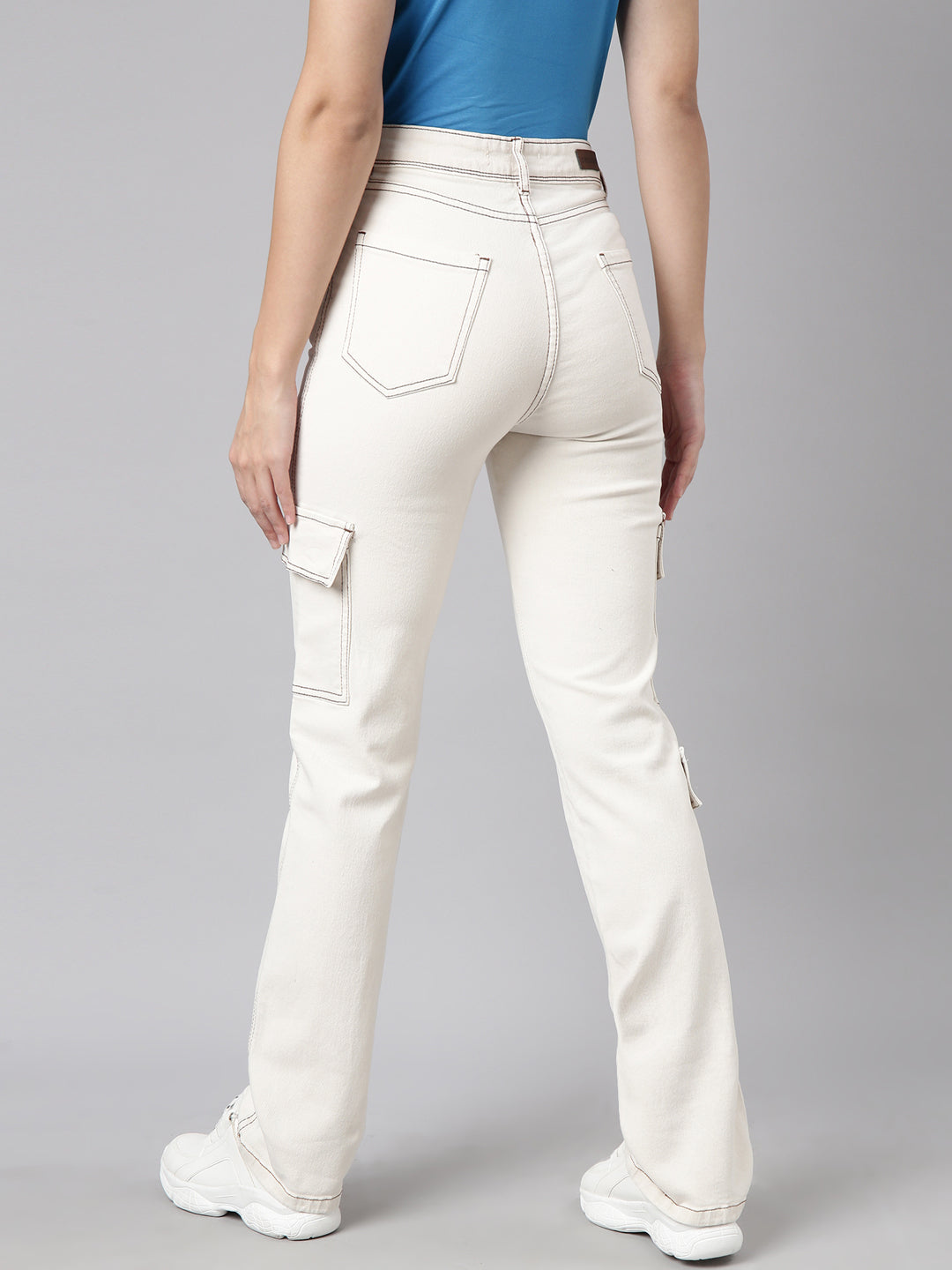 Women's Cream Straight Fit Stretchable Cargo Jeans