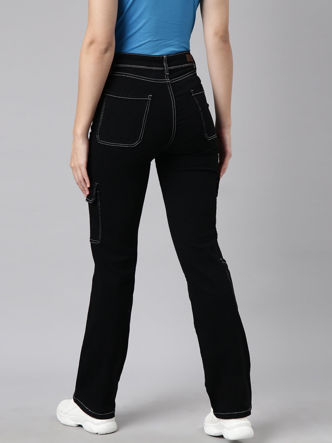 Women's Black Straight Fit Stretchable Cargo Jeans