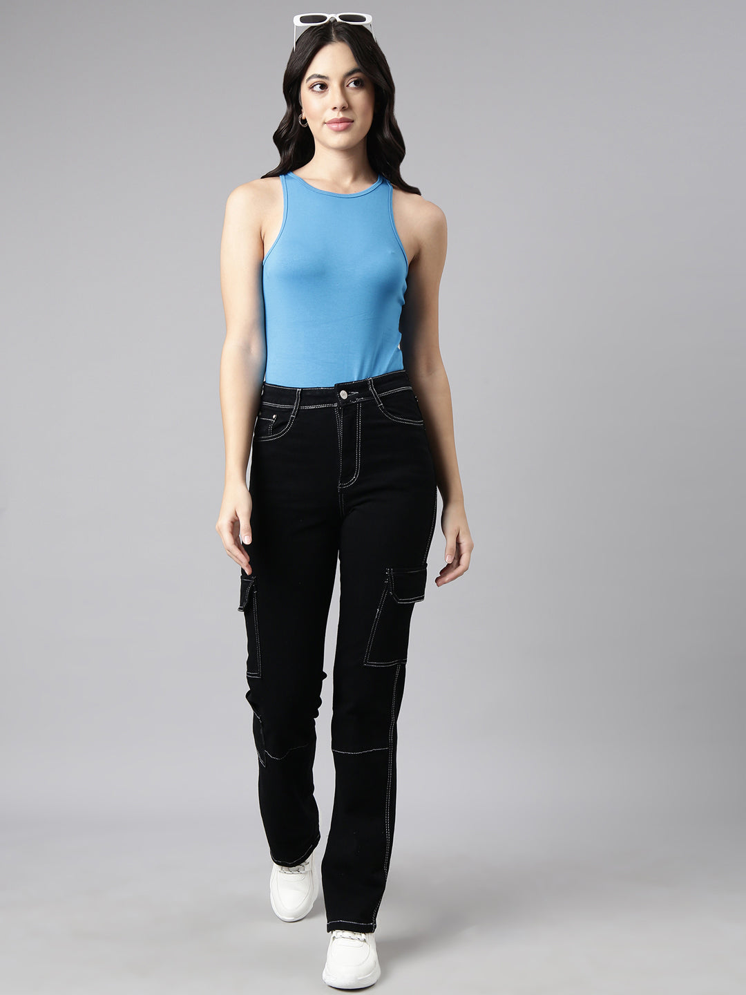 Women's Black Straight Fit Stretchable Cargo Jeans