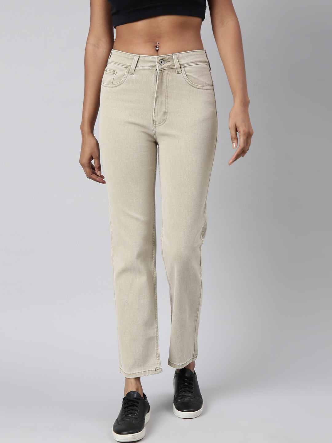 Shop Women's Beige Straight Fit Jeans Showoffff - Main Image