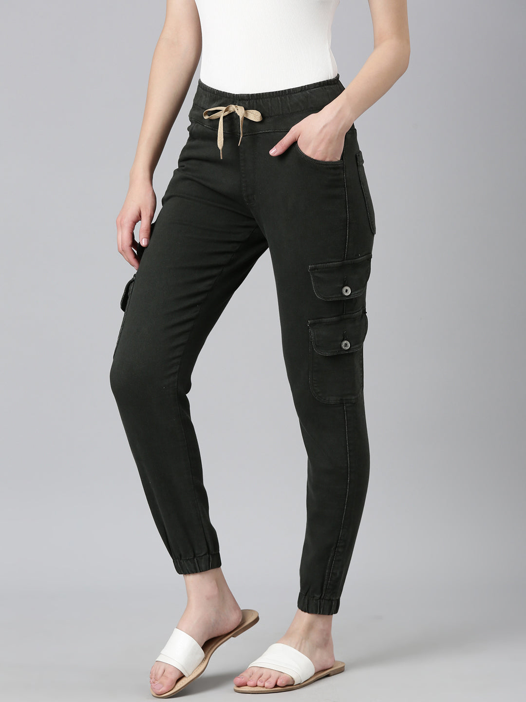 Women Olive Solid Regular Fit Denim Jeans