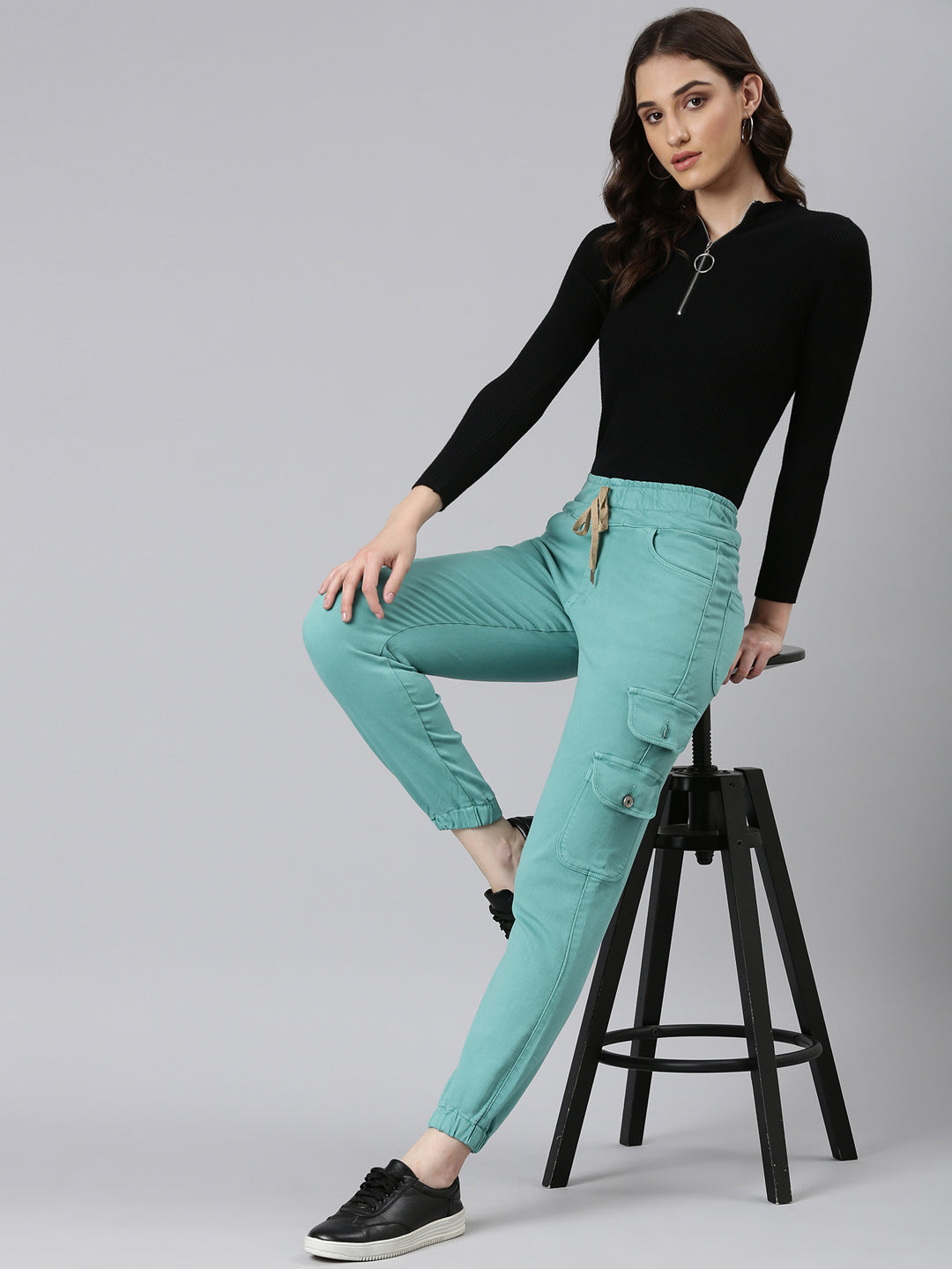 Women Turquoise Blue Solid Regular Fit Denim Jeans