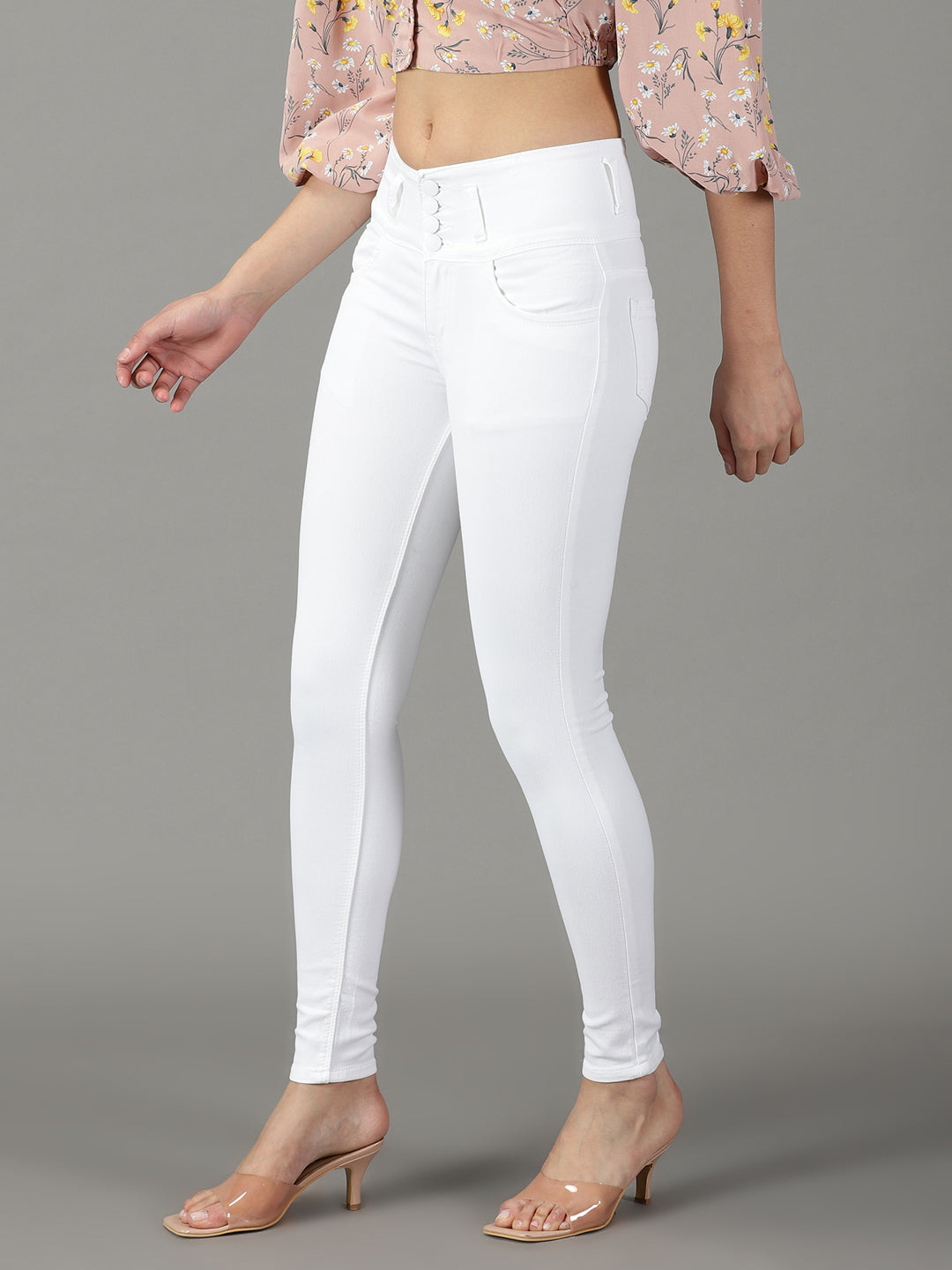 Women's White Solid Skinny Fit Denim Jeans