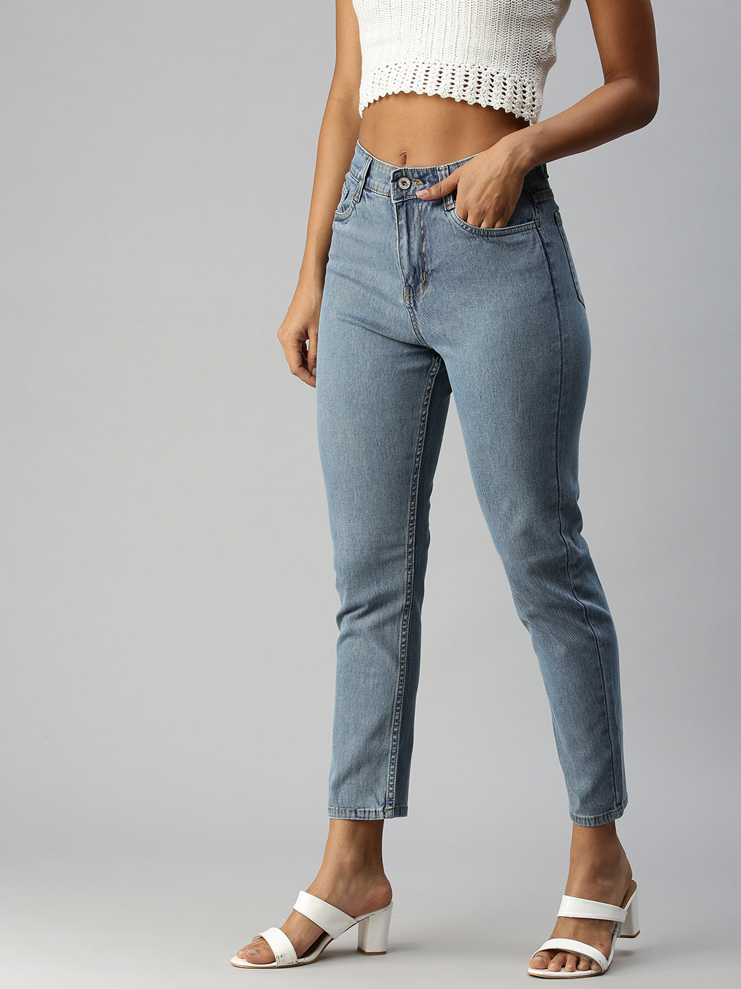 Women's Blue Solid Denim Boyfriend Fit Jeans