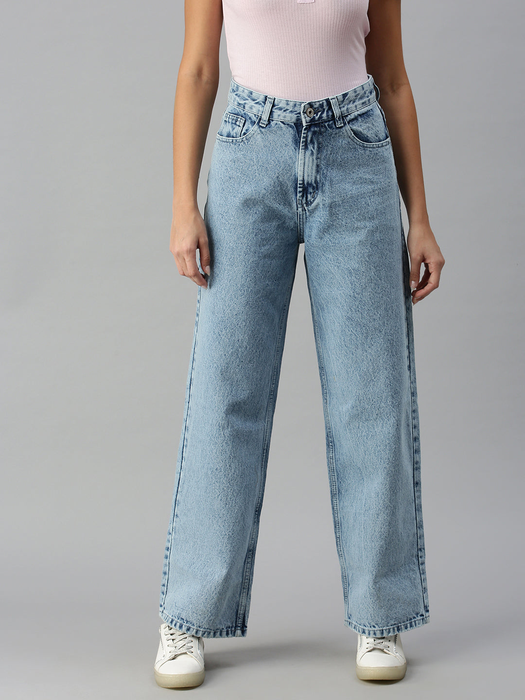 Women's Blue Solid Denim Wide Leg Jeans